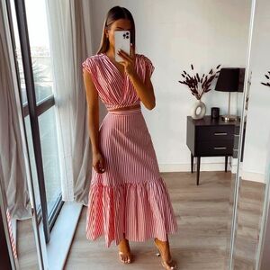 Zara Striped Crop Top with Tie and High Waisted Midi Skirt Coordinating Set NWT